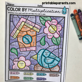 Multiplication Color by Number Worksheets for Spring
